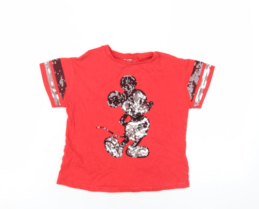 Front view of Disney girls’ red cotton basic t-shirt, size 6-7, years round neck pullover - sequin mickey mouse