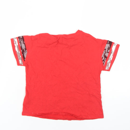 Disney Girls Red Cotton Basic T-Shirt Size 6-7 Years Round Neck Pullover - Sequin Mickey Mouse