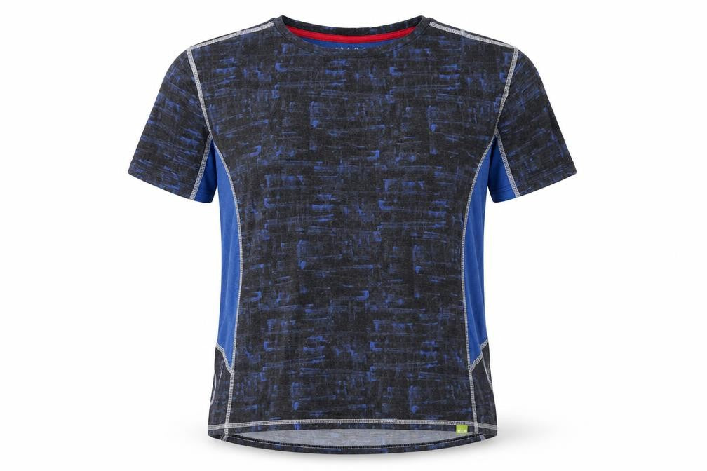 Front view of Bamboo women’s blue geometric viscose basic t-shirt, size L, round neck