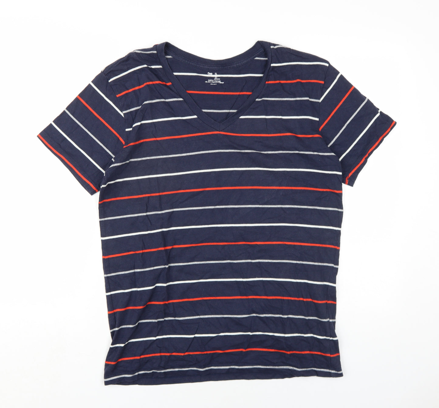 Gap Mens Blue Striped Cotton T-Shirt Size L V-Neck