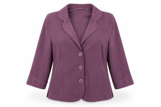 Front view of EWM women’s purple jacket, size UK 16, button