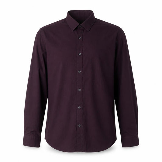 Front view of New Look men’s red polyester button-up, size L, collared button