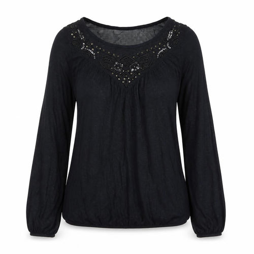 Falmer Womens Black Viscose Basic T-Shirt Size 8 Boat Neck - Bead Detail