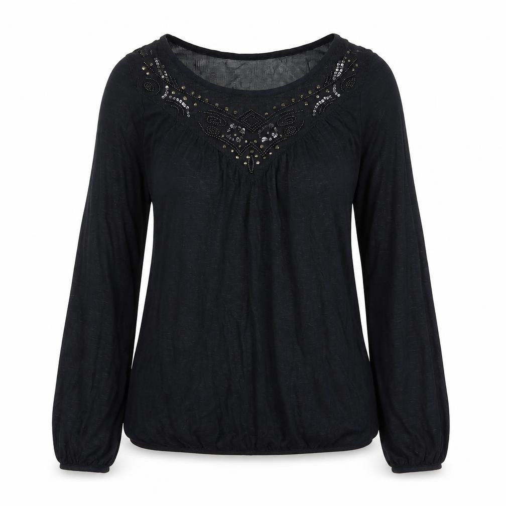 Falmer Womens Black Viscose Basic T-Shirt Size 8 Boat Neck - Bead Detail