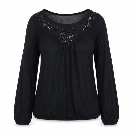 Front view of Falmer Heritage women’s black viscose basic t-shirt, size UK 8, boat neck - bead detail