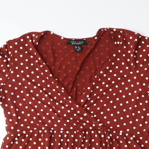 New Look Maternity Womens Red Polka Dot Cotton Basic Blouse Size 8 V-Neck