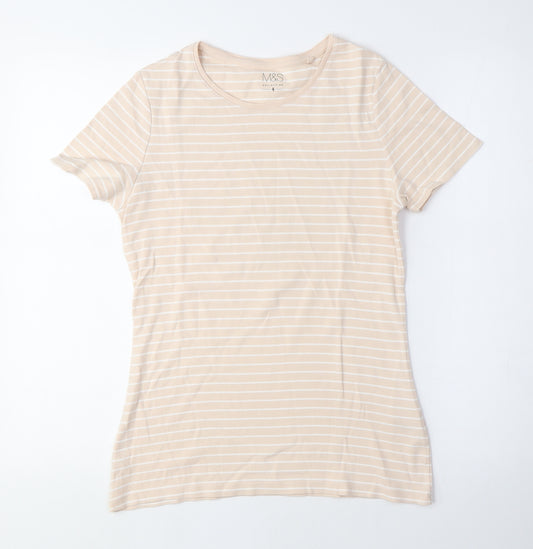 Marks and Spencer Womens Beige Striped Cotton Basic T-Shirt Size 12 Crew Neck