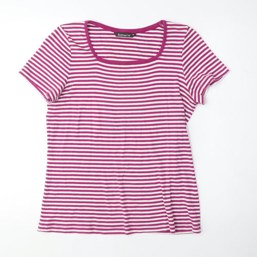 Bonmarché Womens Purple Striped Cotton Basic T-Shirt Size 16 Scoop Neck