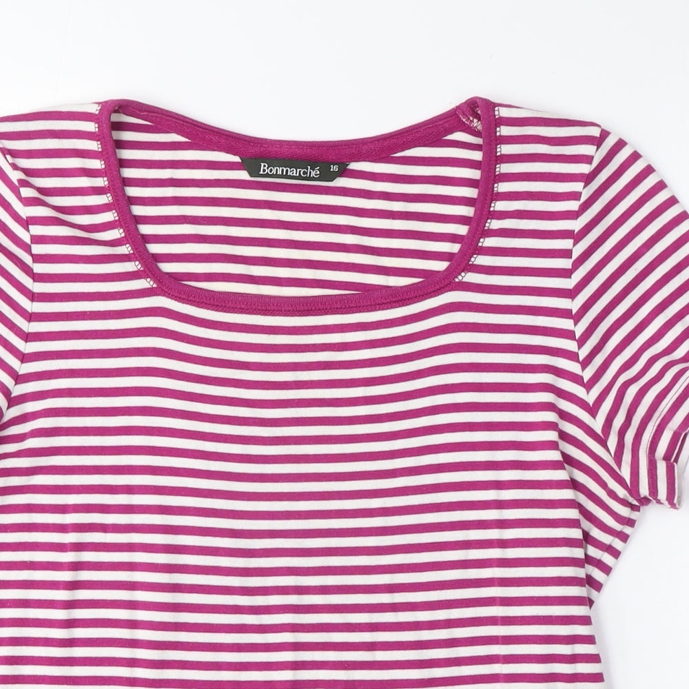 Bonmarché Womens Purple Striped Cotton Basic T-Shirt Size 16 Scoop Neck