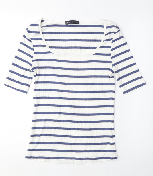 Marks and Spencer Womens Blue Striped Viscose Basic T-Shirt Size 8 Square Neck