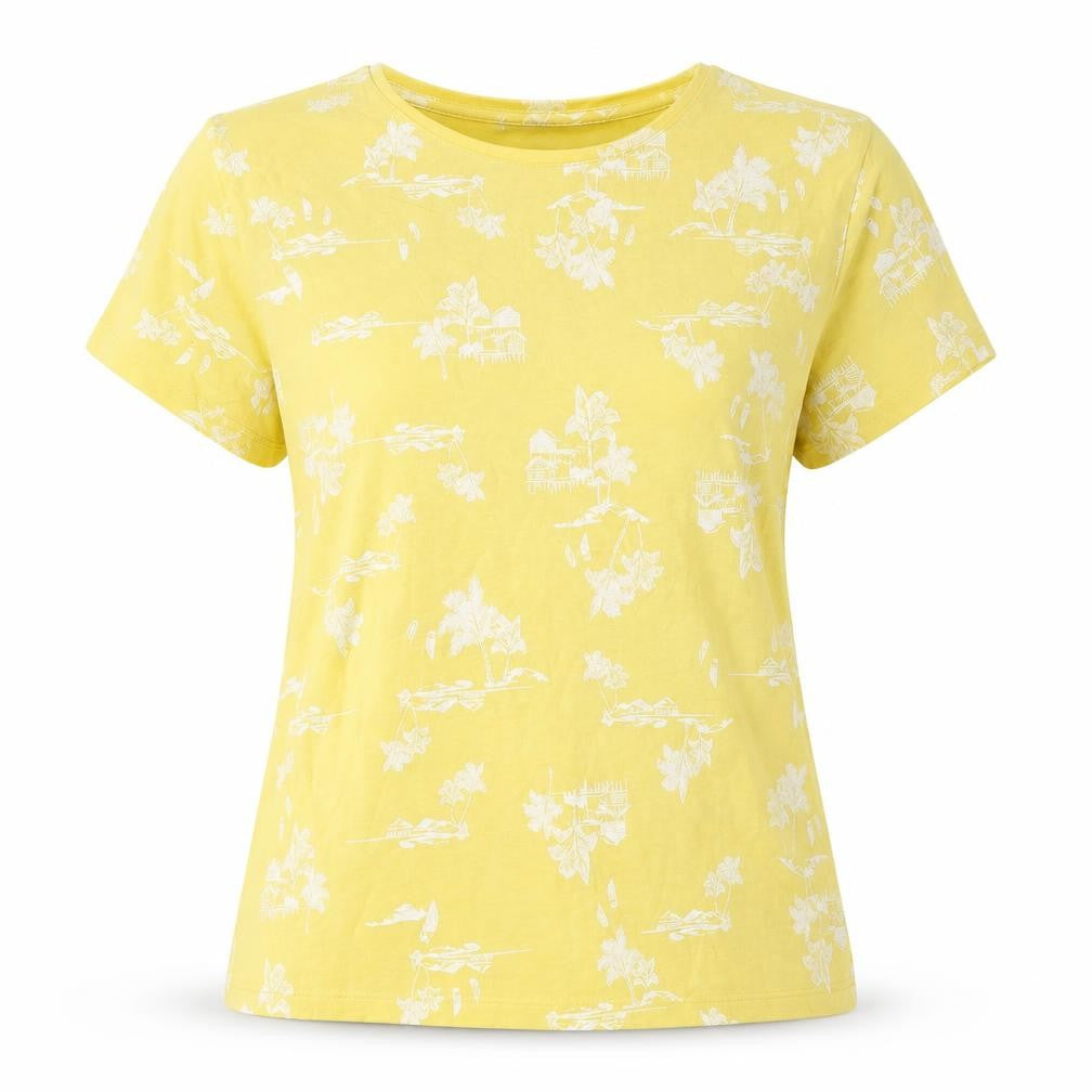Marks and Spencer Womens Yellow Floral Cotton Basic T-Shirt Size 14 Crew Neck