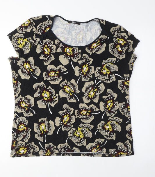 Marks and Spencer Womens Black Floral Viscose Basic T-Shirt Size 16 Scoop Neck