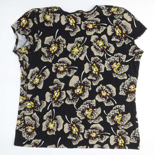 Marks and Spencer Womens Black Floral Viscose Basic T-Shirt Size 16 Scoop Neck