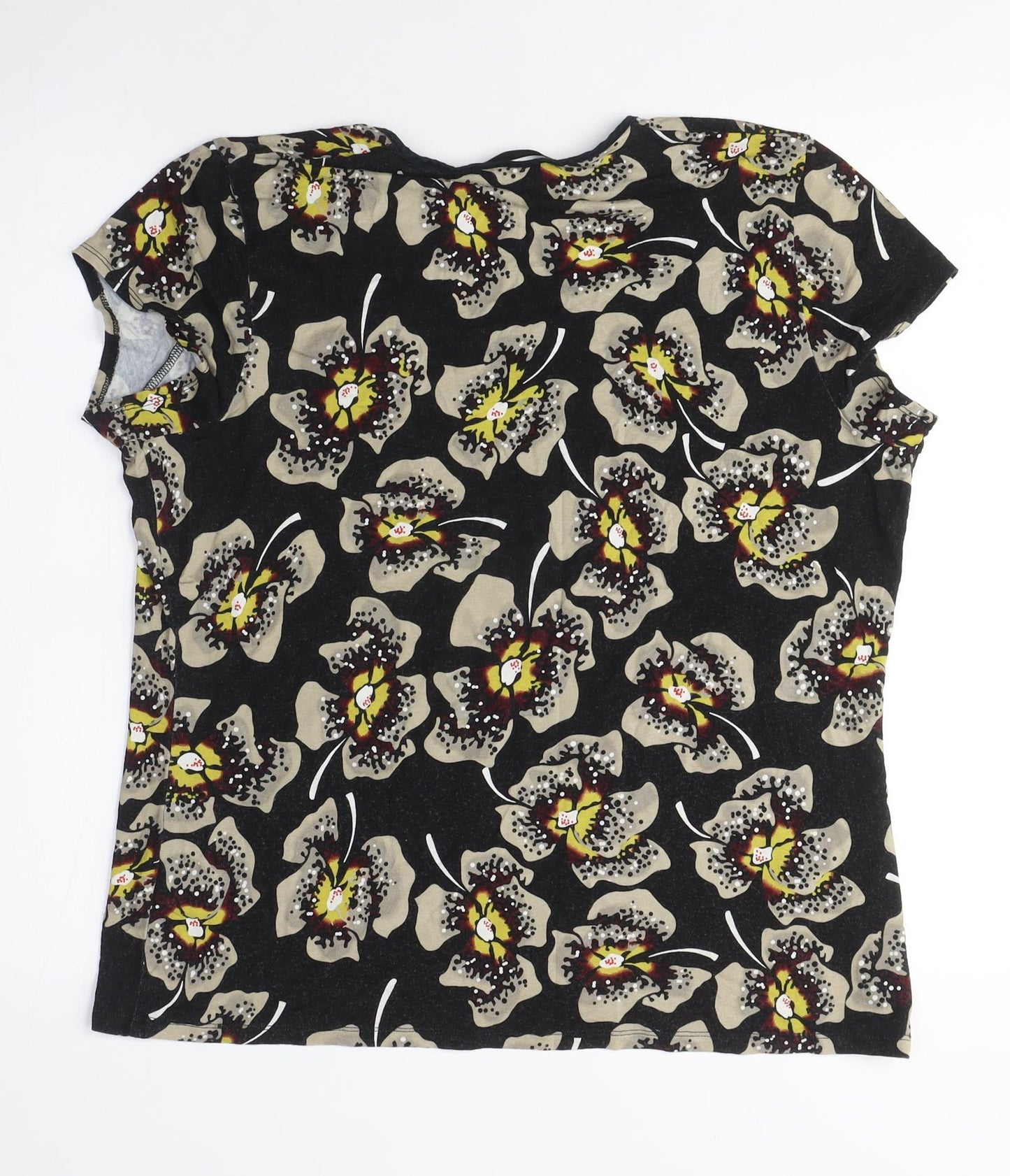 Marks and Spencer Womens Black Floral Viscose Basic T-Shirt Size 16 Scoop Neck