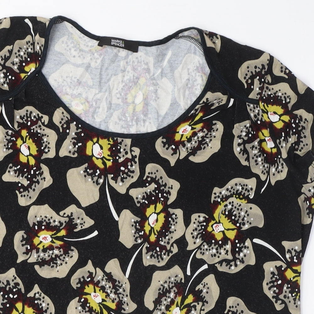 Marks and Spencer Womens Black Floral Viscose Basic T-Shirt Size 16 Scoop Neck