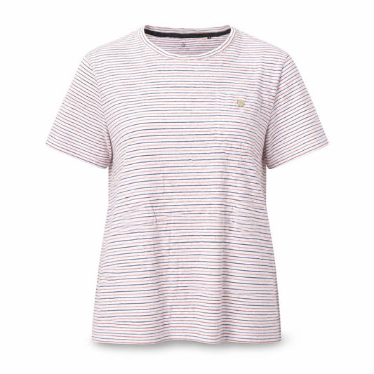 Front view of Faguo women’s multicoloured striped cotton basic t-shirt, size M, crew neck - red and blue stripes