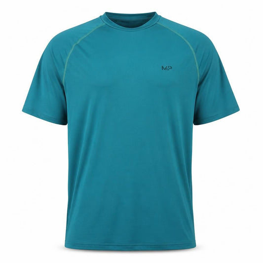 Front view of Myprotein men’s black polyester basic t-shirt, size M, crew neck