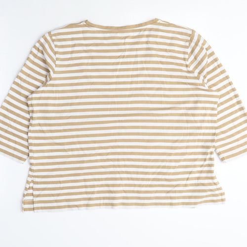 Sportscraft Womens Beige Striped Cotton Basic T-Shirt Size L Crew Neck