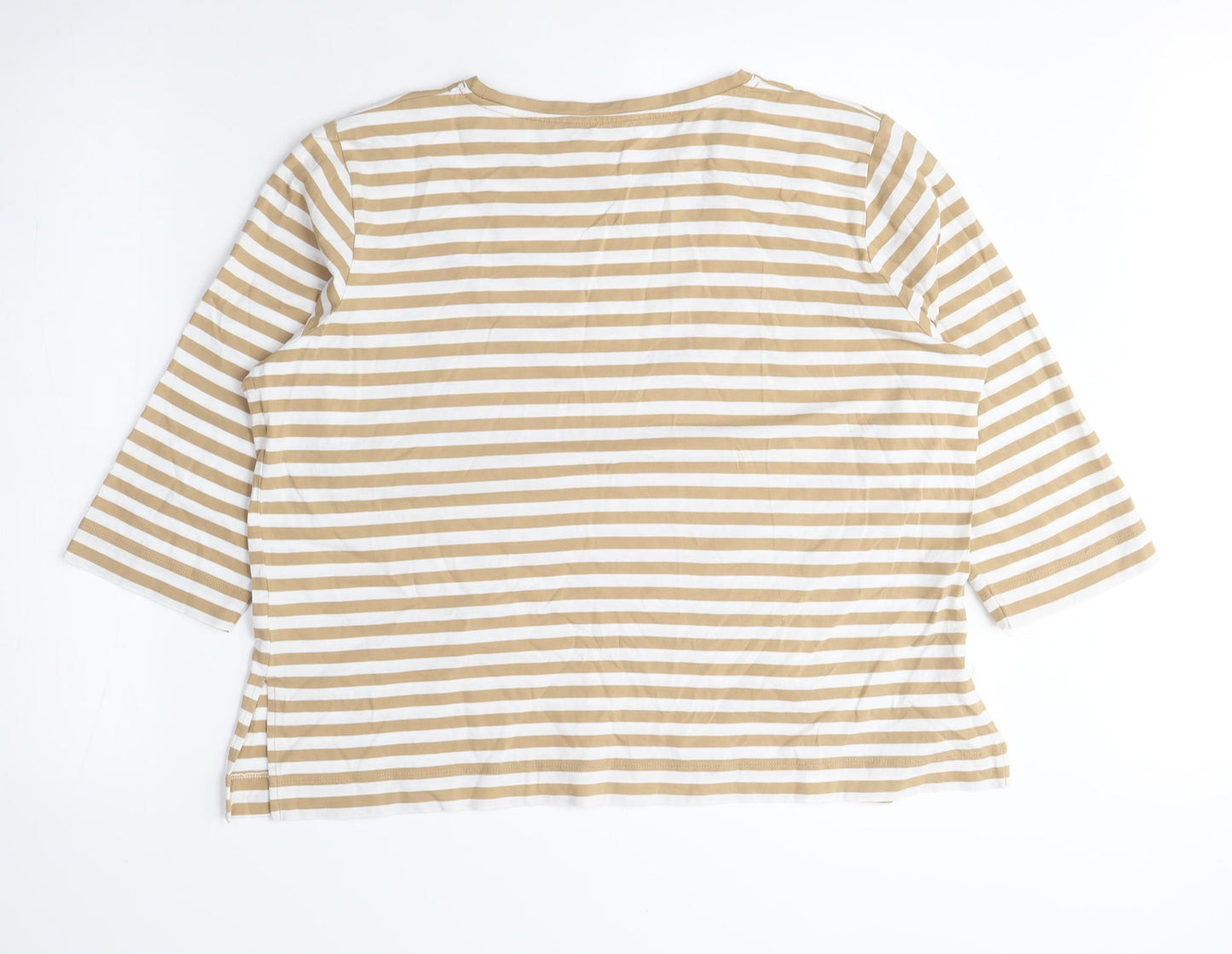 Sportscraft Womens Beige Striped Cotton Basic T-Shirt Size L Crew Neck