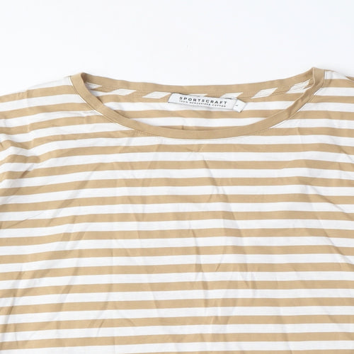 Sportscraft Womens Beige Striped Cotton Basic T-Shirt Size L Crew Neck