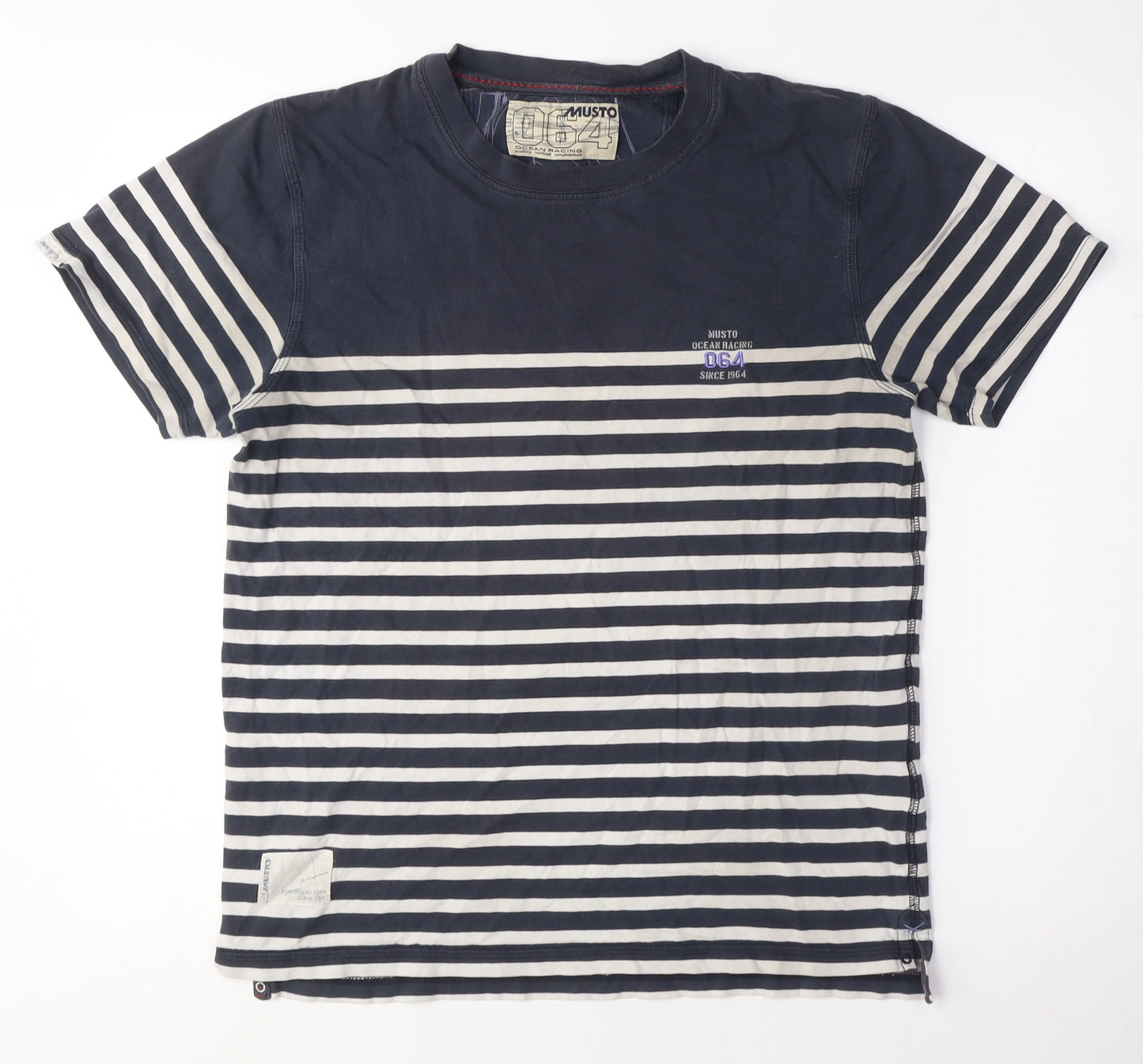 MUSTO Mens Blue Striped Cotton T-Shirt Size M Crew Neck