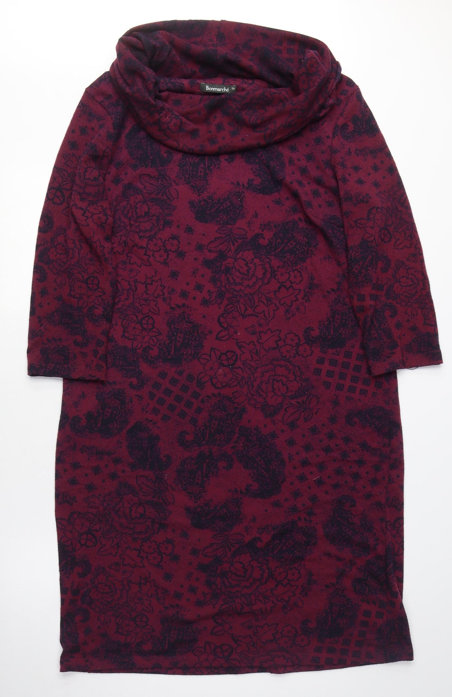 Bonmarché Womens Pink Floral Polyester Jumper Dress Size 14 Roll Neck - Jumper dress