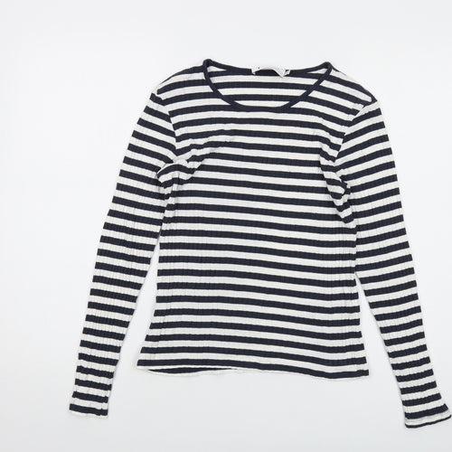 Tif Taffy Womens Blue Striped Viscose Basic T-Shirt Size L Round Neck