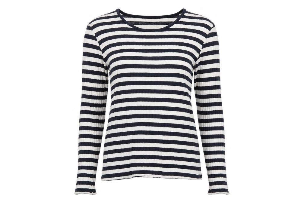 Front view of Tif Taffy women’s blue striped viscose basic t-shirt, size L, round neck