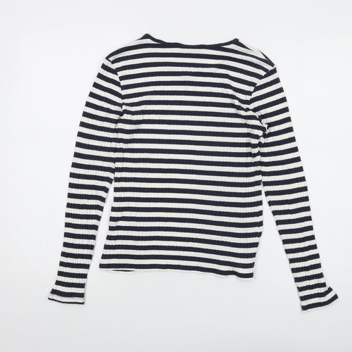 Tif Taffy Womens Blue Striped Viscose Basic T-Shirt Size L Round Neck