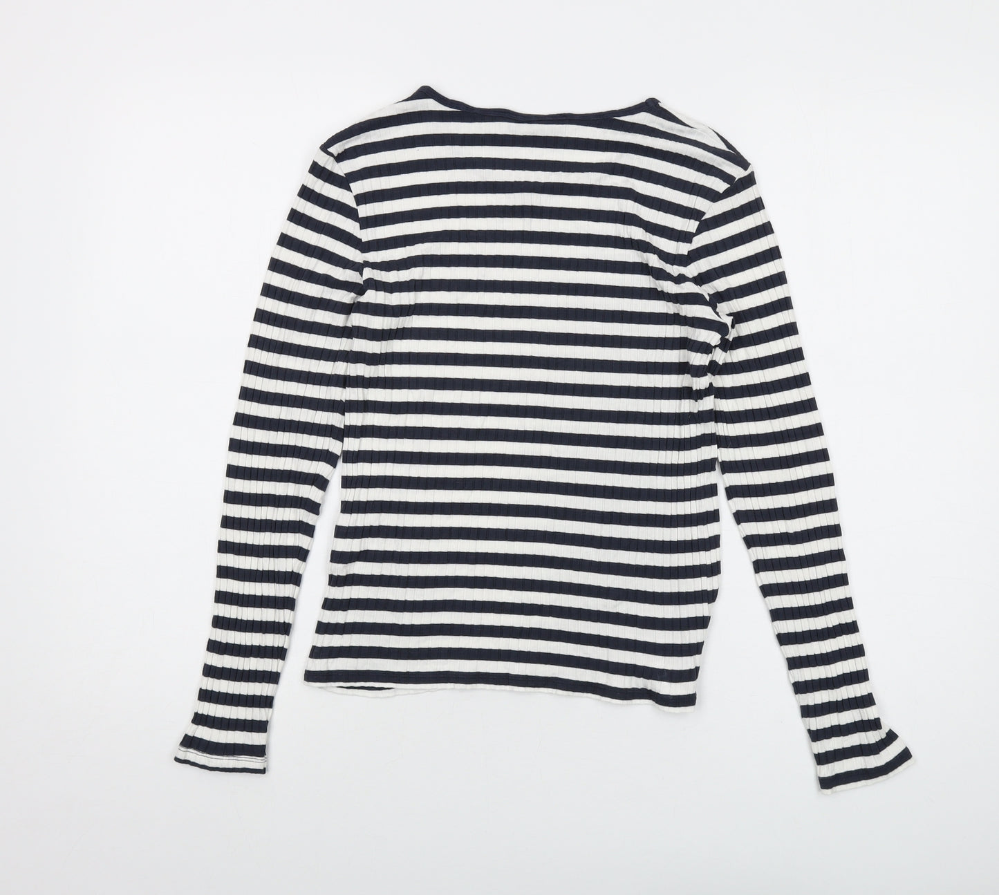 Tif Taffy Womens Blue Striped Viscose Basic T-Shirt Size L Round Neck