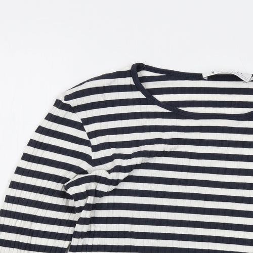 Tif Taffy Womens Blue Striped Viscose Basic T-Shirt Size L Round Neck