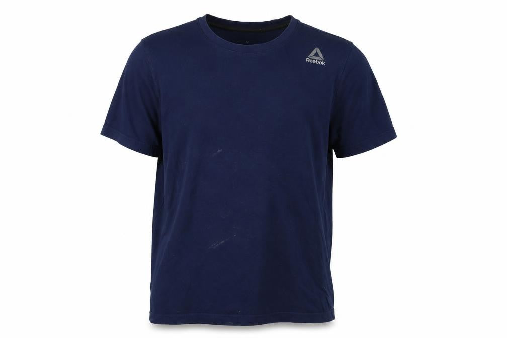 Front view of Reebok men’s blue polyester t-shirt, size M, crew neck