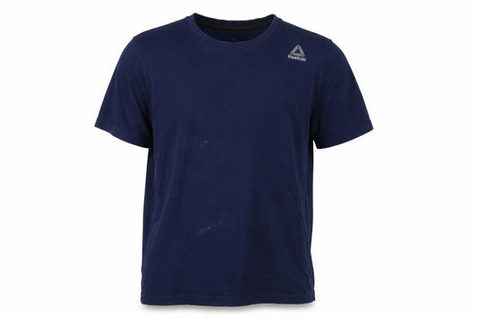 Front view of Reebok men’s blue polyester t-shirt, size M, crew neck