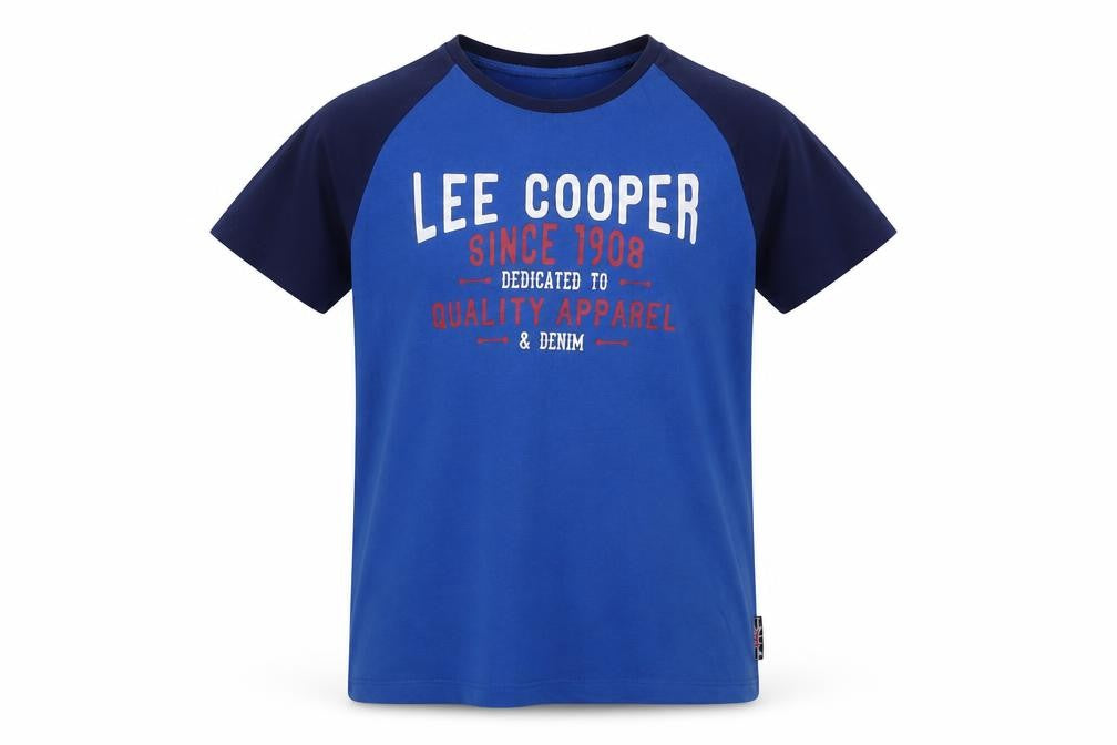 Front view of Lee Cooper boys’ blue cotton basic t-shirt, size 13, years crew neck pullover