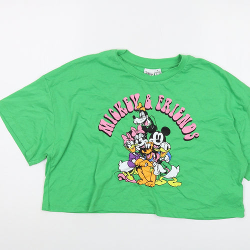 Disney Womens Green Cotton Cropped T-Shirt Size 12 Crew Neck - Mickey and Friends