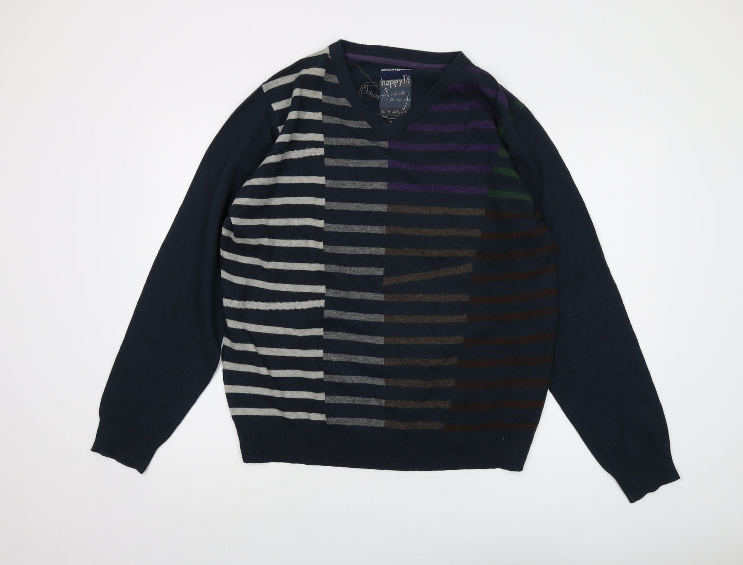 Desigual Mens Blue V-Neck Wool Pullover Jumper Size XL Long Sleeve
