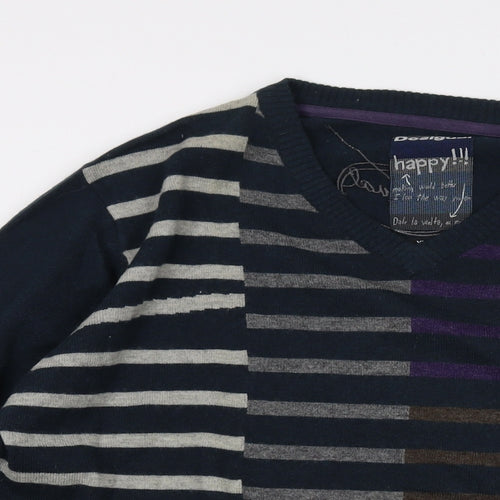 Desigual Mens Blue V-Neck Wool Pullover Jumper Size XL Long Sleeve