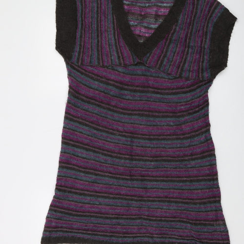 Fat Face Womens Multicoloured V-Neck Striped Acrylic Tunic Jumper Size 16