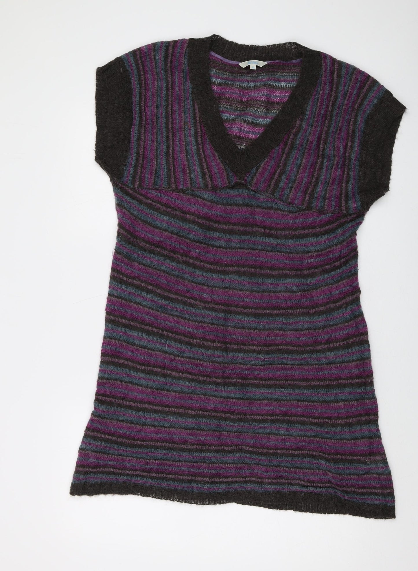 Fat Face Womens Multicoloured V-Neck Striped Acrylic Tunic Jumper Size 16