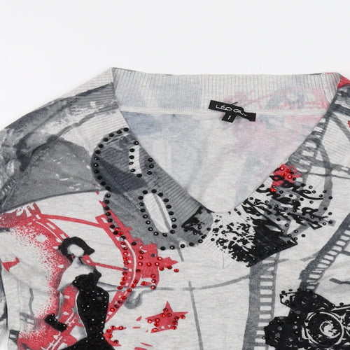 Leo Guy Womens Grey V-Neck Geometric Viscose Pullover Jumper Size 8
