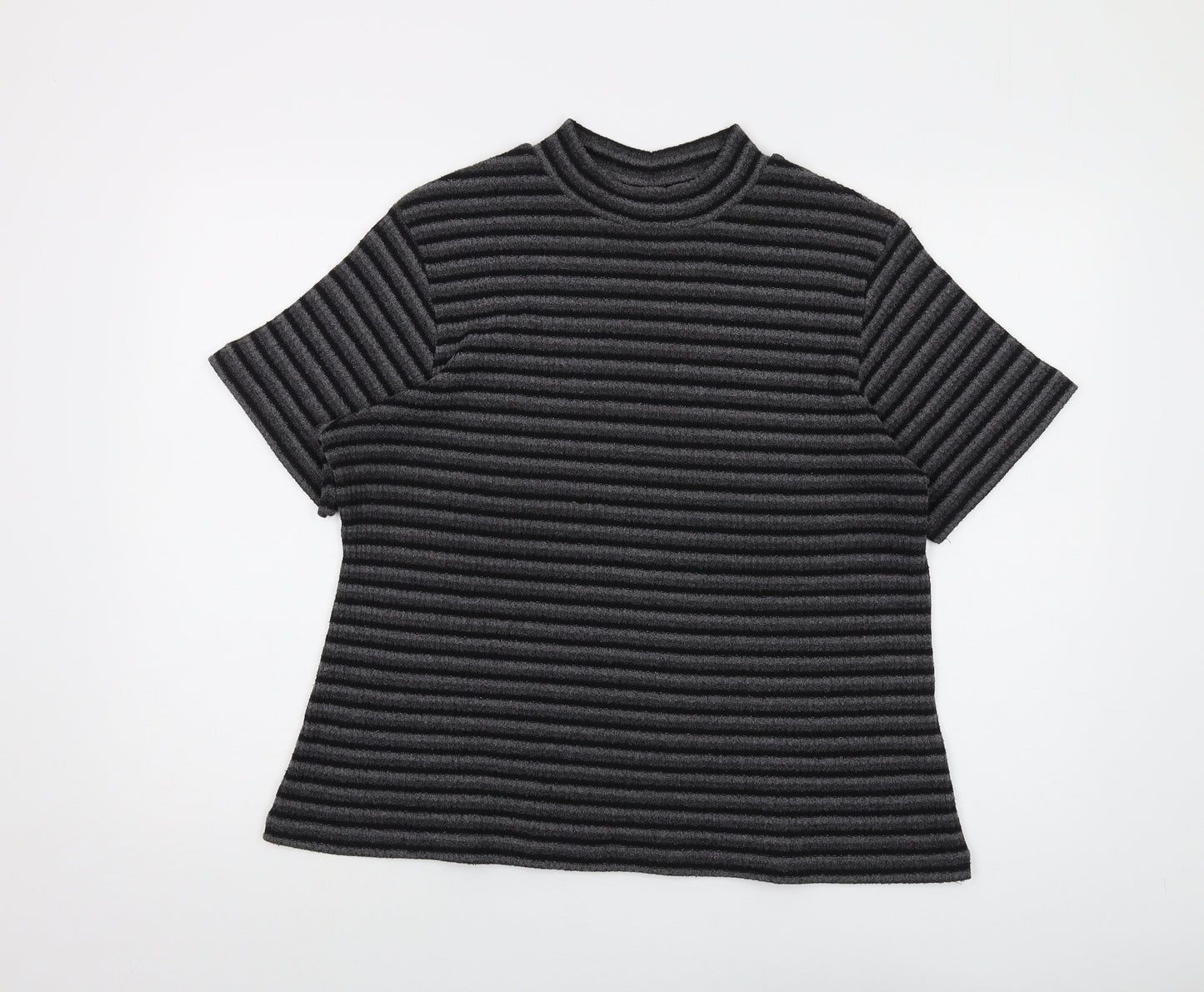 Ann Harvey Womens Grey Mock Neck Striped Polyester Pullover Jumper Size 18