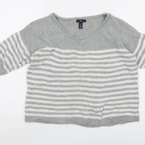 Gap Womens Gold V-Neck Striped Cotton Pullover Jumper Size M