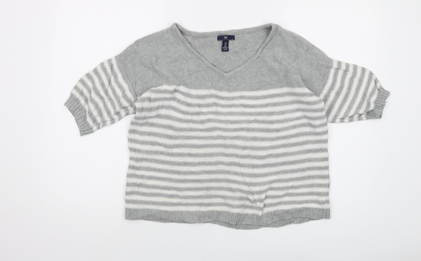 Gap Womens Gold V-Neck Striped Cotton Pullover Jumper Size M