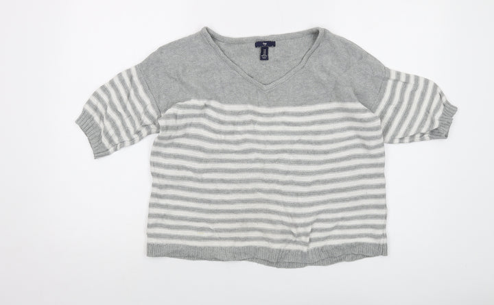 Gap Womens Gold V-Neck Striped Cotton Pullover Jumper Size M