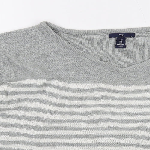 Gap Womens Gold V-Neck Striped Cotton Pullover Jumper Size M