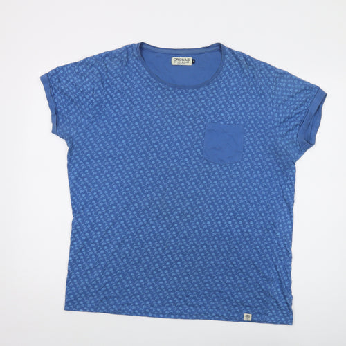 JACK & JONES Mens Blue Geometric Cotton T-Shirt Size XL Crew Neck