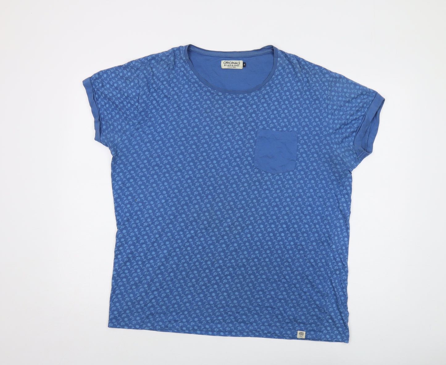 JACK & JONES Mens Blue Geometric Cotton T-Shirt Size XL Crew Neck