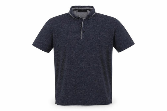 Front view of Dissident men’s blue cotton polo, size M, collared button