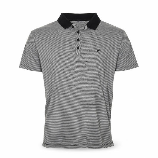 Front view of l'art men’s grey striped cotton polo, size S, collared button