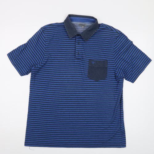 Marley Mens Blue Striped Cotton Polo Size M Collared Button